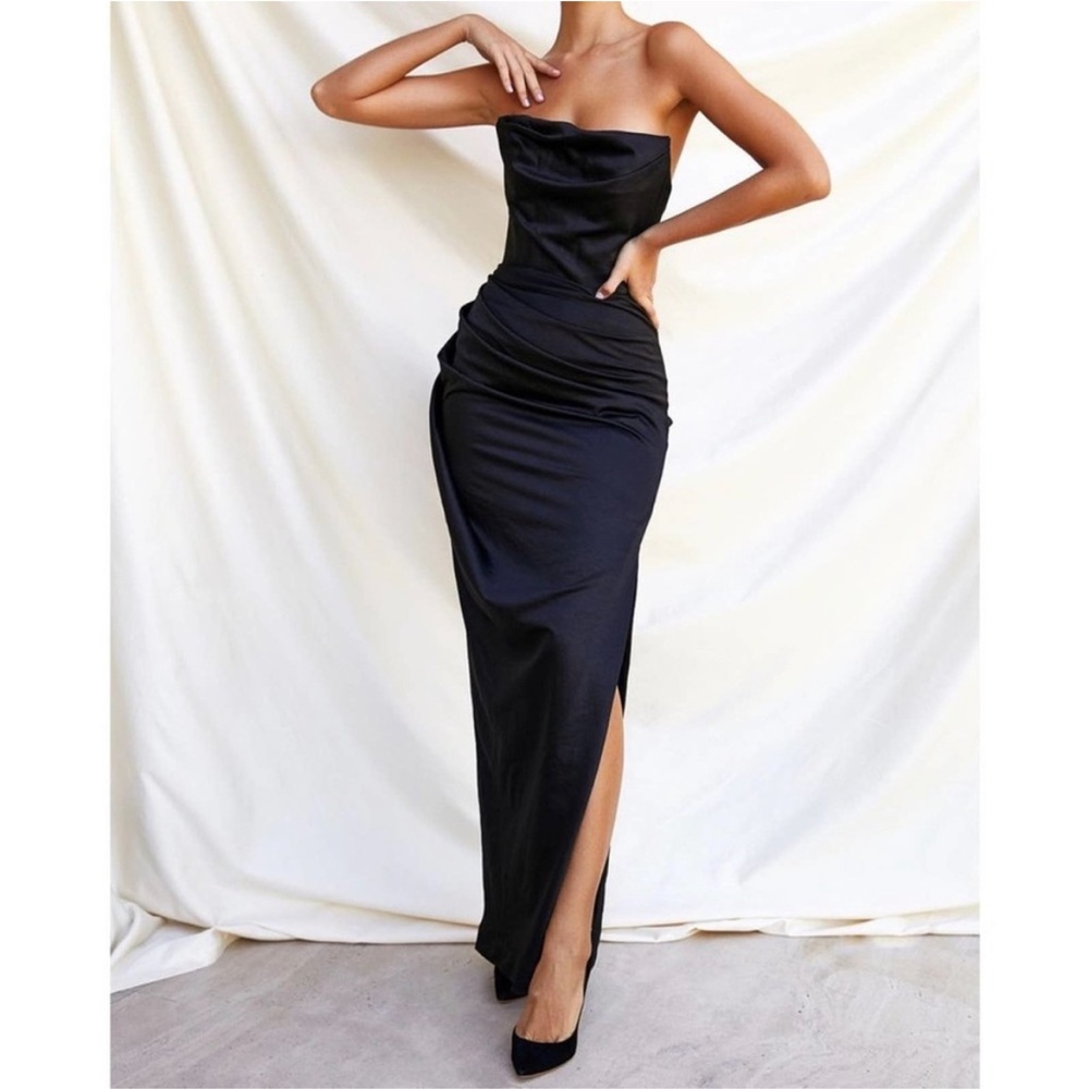 Black Satin High Slit Strapless Dress